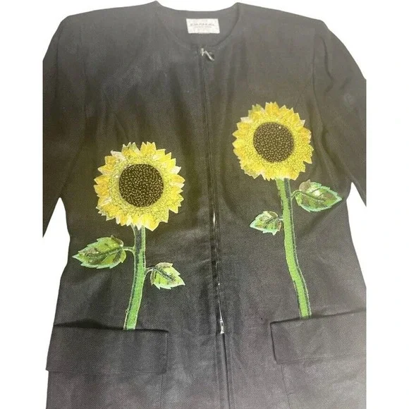 Vtg Emanuel Ungaro Beaded Sequin 3D Sunflowers Linen Designer Black Jacket 10/12